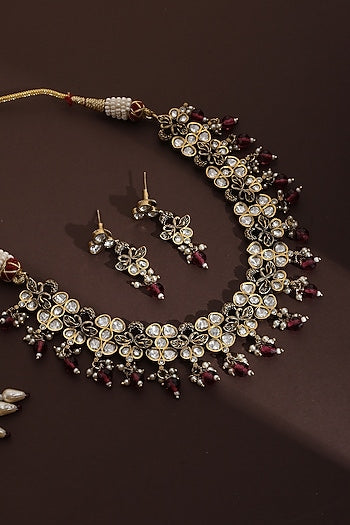Rose Gold Finish Red Kundan Polki Necklace Set