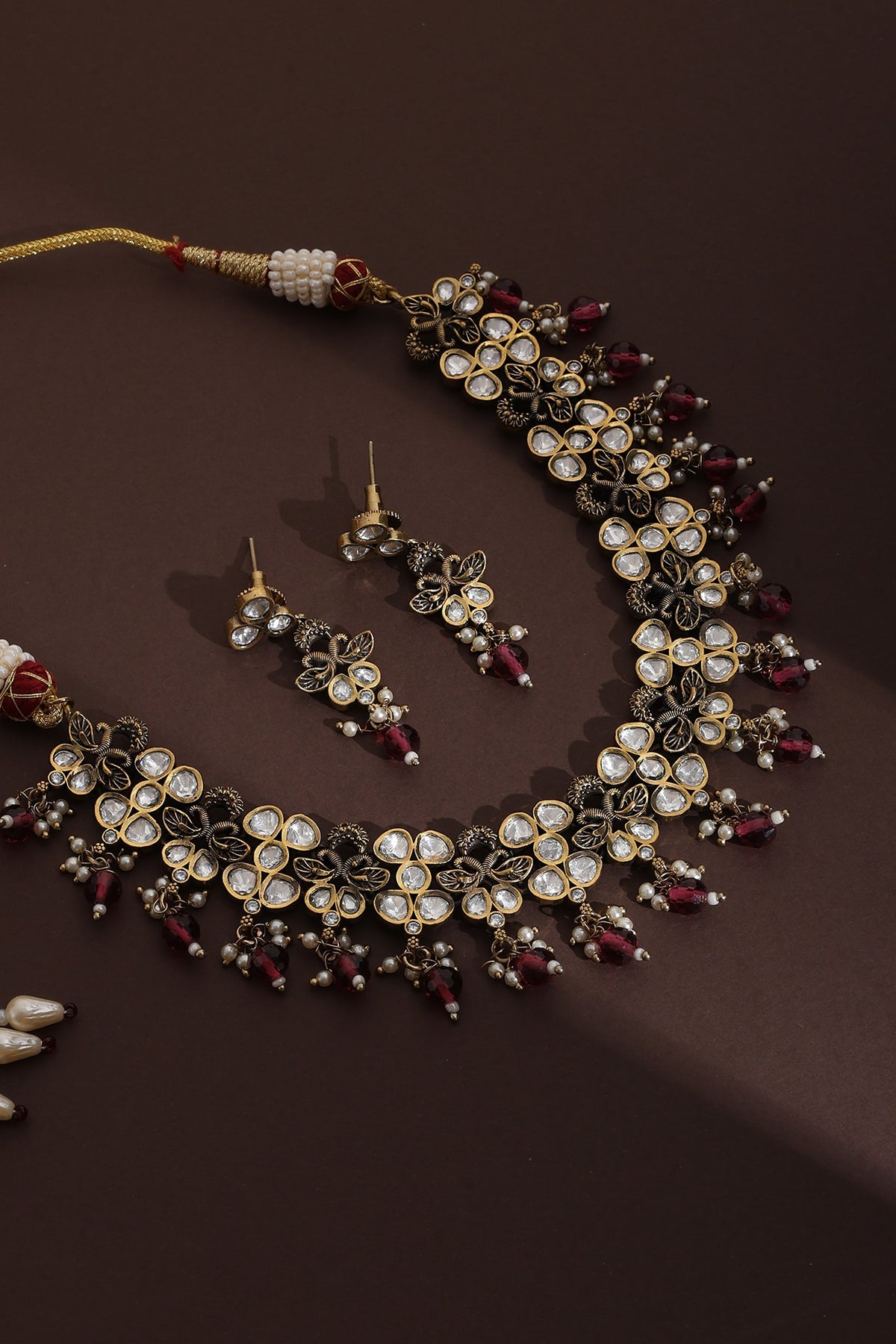 Rose Gold Finish Red Kundan Polki Necklace Set