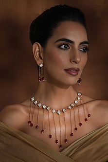 Rose Gold Finish Red Kundan Polki Long Necklace Set