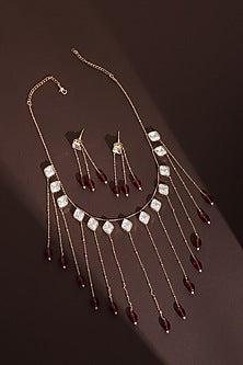 Rose Gold Finish Red Kundan Polki Long Necklace Set