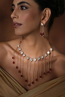 Rose Gold Finish Red Kundan Polki Long Necklace Set