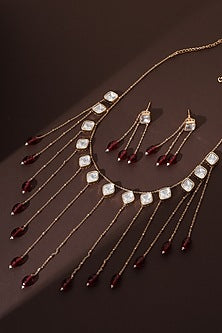 Rose Gold Finish Red Kundan Polki Long Necklace Set