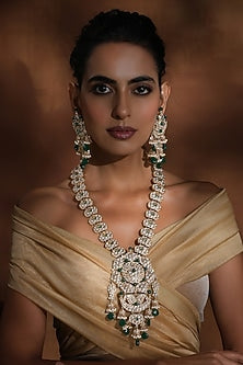 Gold Finish Green Kundan Polki Long Necklace Set