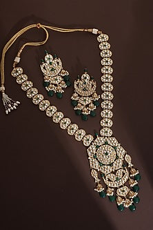 Gold Finish Green Kundan Polki Long Necklace Set