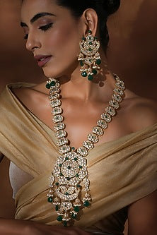 Gold Finish Green Kundan Polki Long Necklace Set