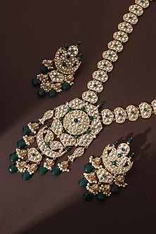 Gold Finish Green Kundan Polki Long Necklace Set