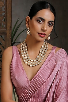 Gold Finish Red Kundan Polki Long Necklace Set