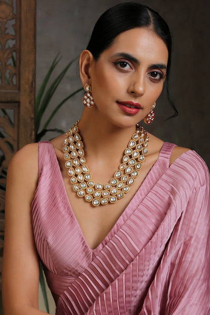 Gold Finish Red Kundan Polki Long Necklace Set