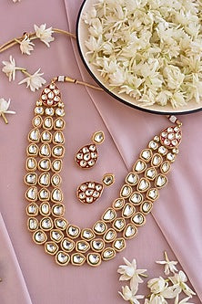 Gold Finish Red Kundan Polki Long Necklace Set