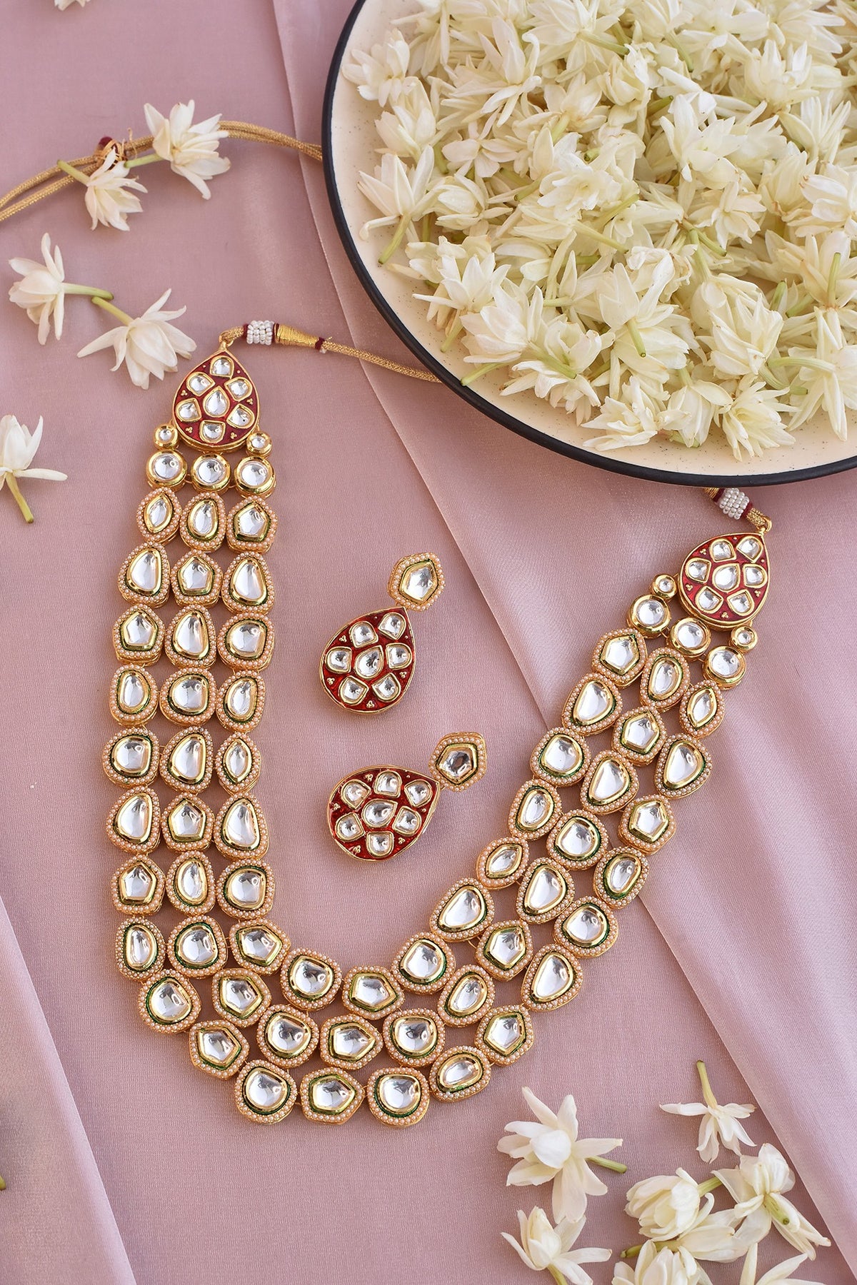 Gold Finish Red Kundan Polki Long Necklace Set
