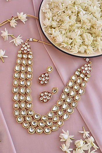 Gold Finish Red Kundan Polki Long Necklace Set