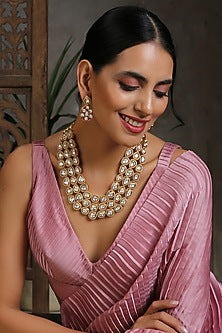 Gold Finish Red Kundan Polki Long Necklace Set