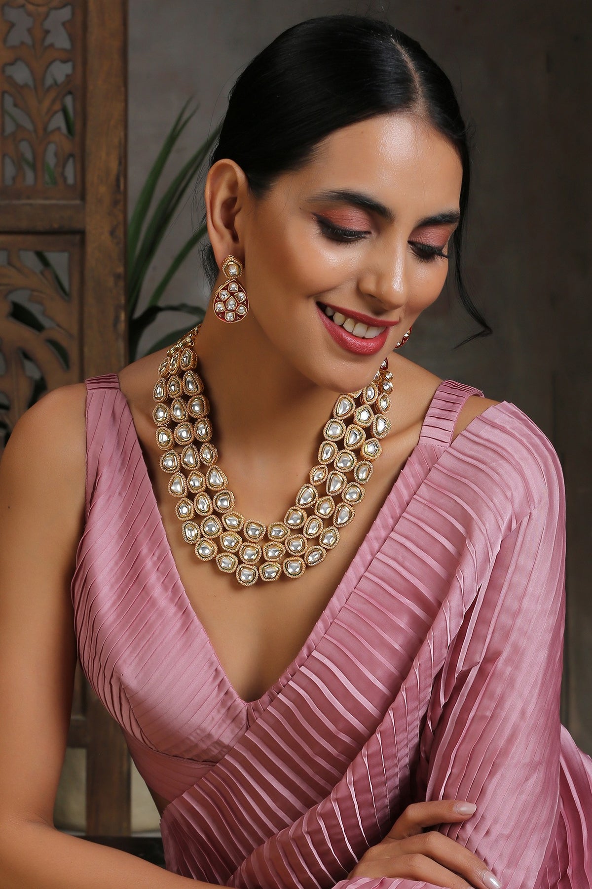 Gold Finish Red Kundan Polki Long Necklace Set