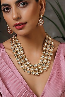Gold Finish Red Kundan Polki Long Necklace Set