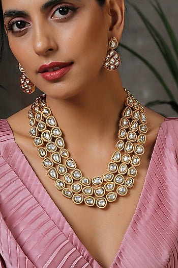 Gold Finish Red Kundan Polki Long Necklace Set