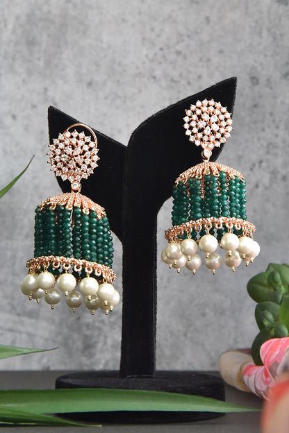 Rose Gold Finish Zircon Jhumka Earrings