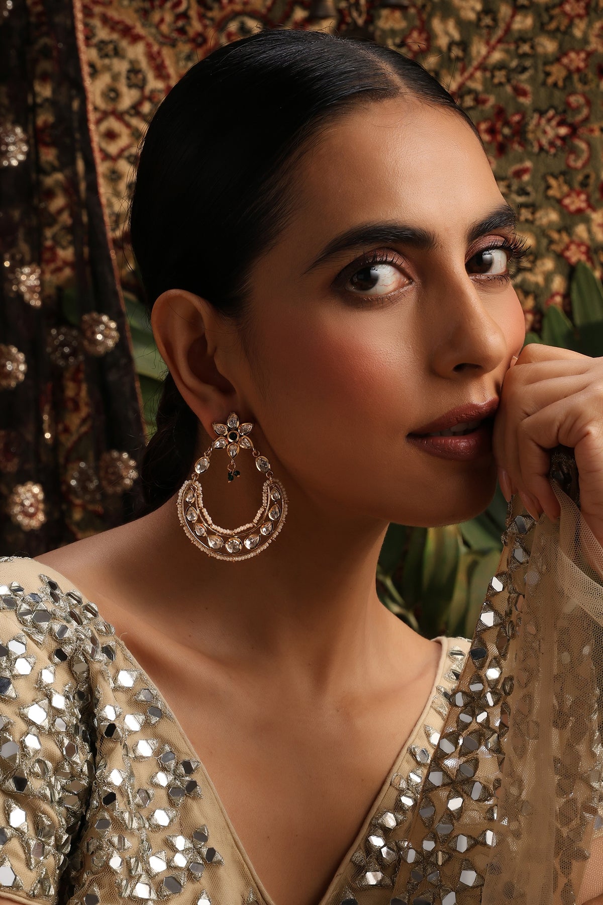 Gold Finish Green Kundan Polki Chandbali Earrings
