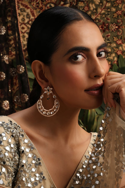 Gold Finish Green Kundan Polki Chandbali Earrings