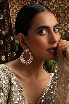 Gold Finish Green Kundan Polki Chandbali Earrings