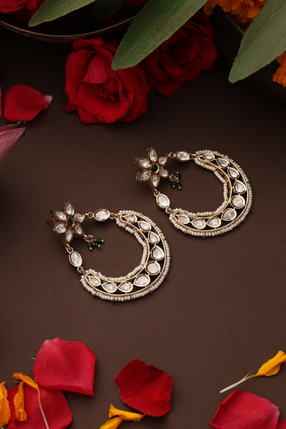 Gold Finish Green Kundan Polki Chandbali Earrings