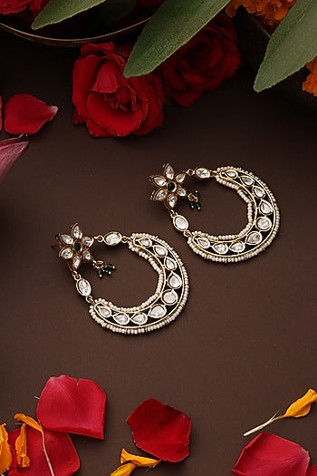 Gold Finish Green Kundan Polki Chandbali Earrings