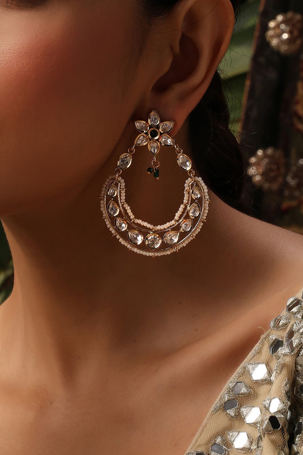 Gold Finish Green Kundan Polki Chandbali Earrings