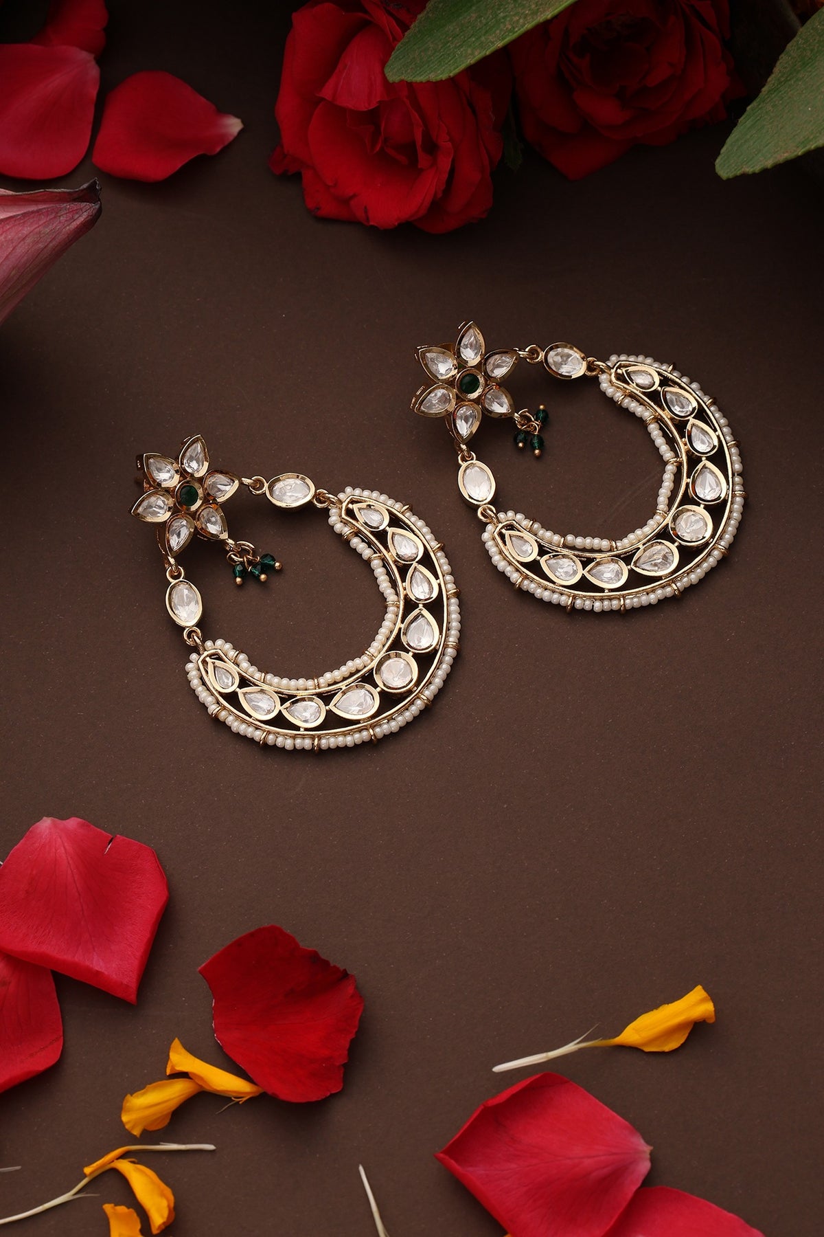 Gold Finish Green Kundan Polki Chandbali Earrings