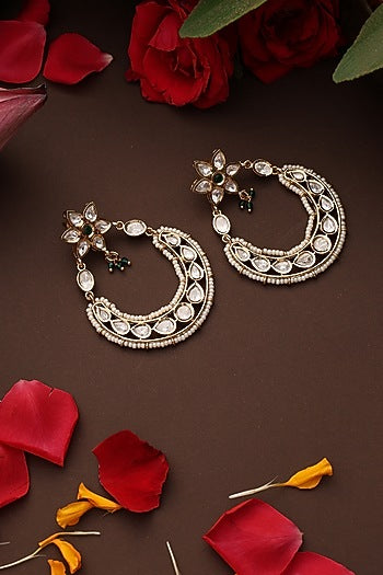 Gold Finish Green Kundan Polki Chandbali Earrings