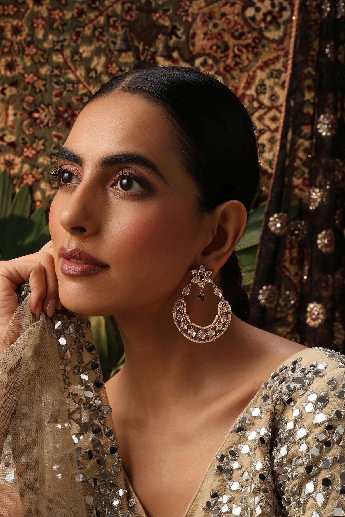 Gold Finish Green Kundan Polki Chandbali Earrings