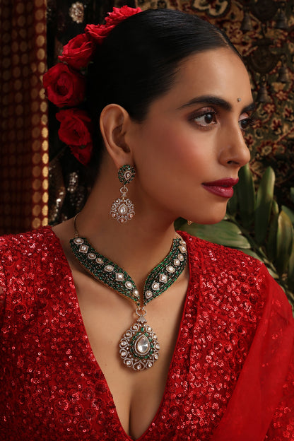 Gold Finish Kundan Polki & Emerald Stone Necklace Set