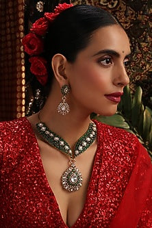 Gold Finish Kundan Polki & Emerald Stone Necklace Set