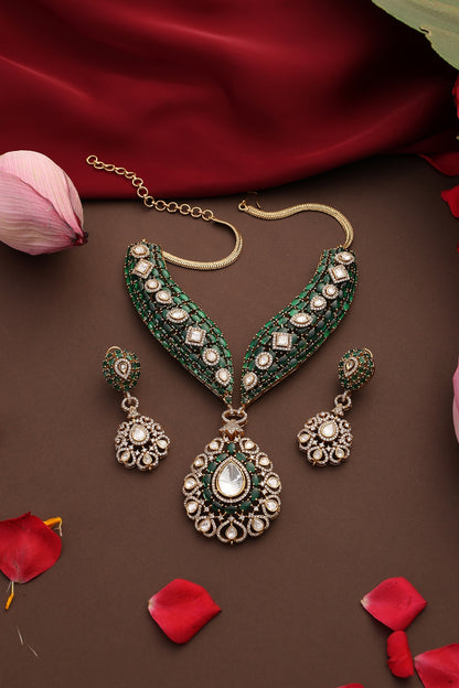 Gold Finish Kundan Polki & Emerald Stone Necklace Set