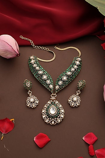 Gold Finish Kundan Polki & Emerald Stone Necklace Set