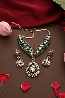 Gold Finish Kundan Polki & Emerald Stone Necklace Set