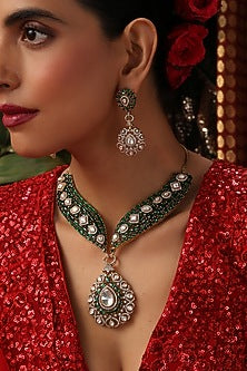 Gold Finish Kundan Polki & Emerald Stone Necklace Set