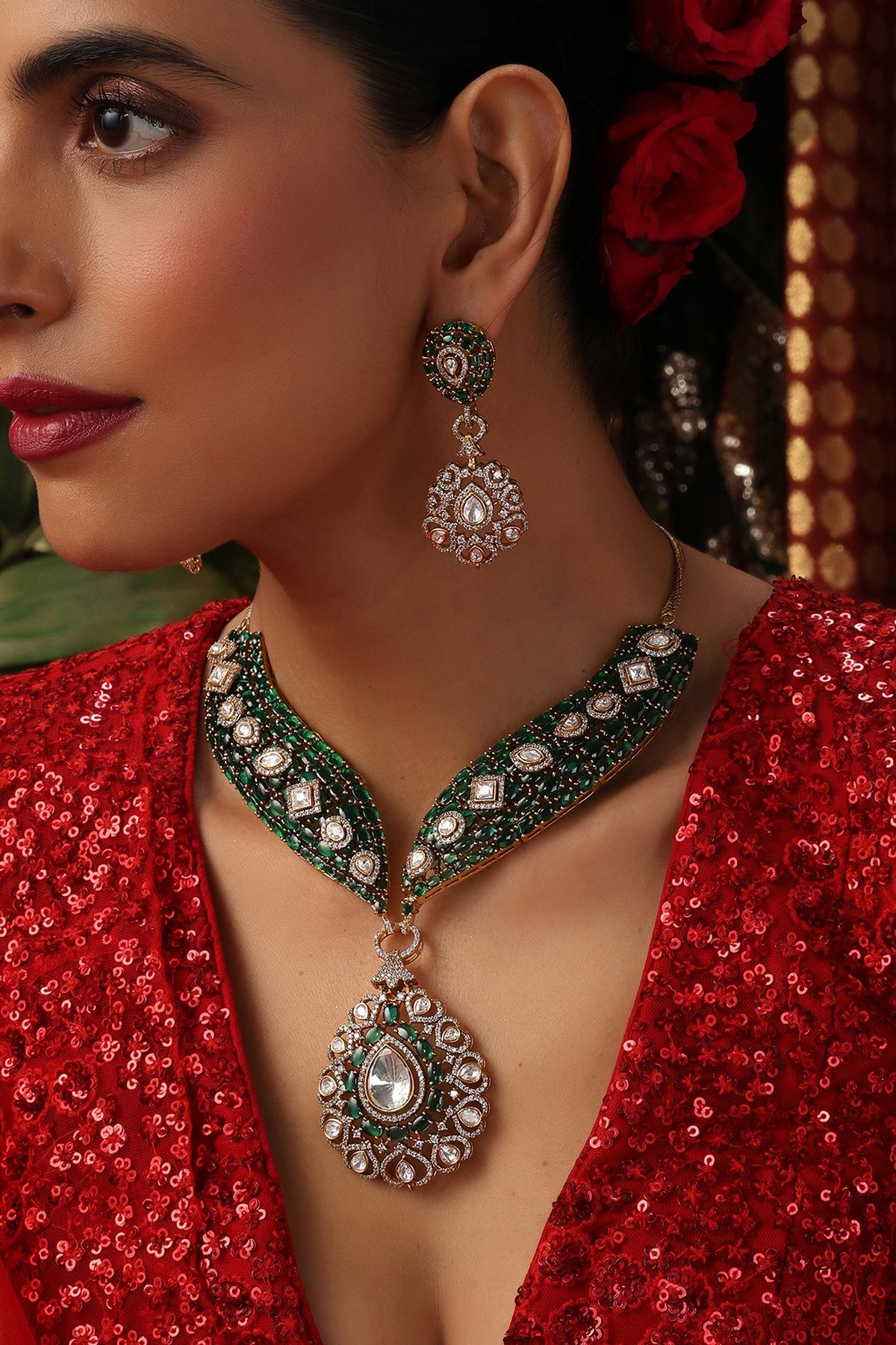 Gold Finish Kundan Polki & Emerald Stone Necklace Set