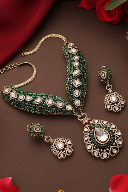 Gold Finish Kundan Polki & Emerald Stone Necklace Set