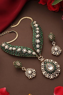 Gold Finish Kundan Polki & Emerald Stone Necklace Set