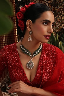 Gold Finish Kundan Polki & Emerald Stone Necklace Set