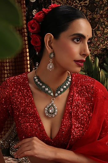 Gold Finish Kundan Polki & Emerald Stone Necklace Set