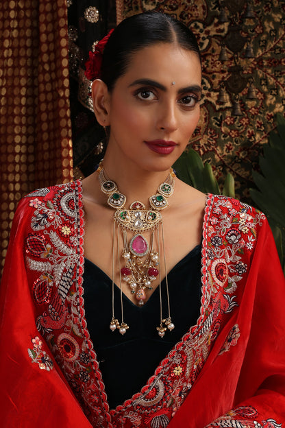Gold Finish Kundan Polki & Rose Quartz Pendant Necklace
