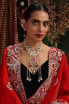 Gold Finish Kundan Polki & Rose Quartz Pendant Necklace