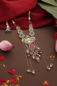 Gold Finish Kundan Polki & Rose Quartz Pendant Necklace
