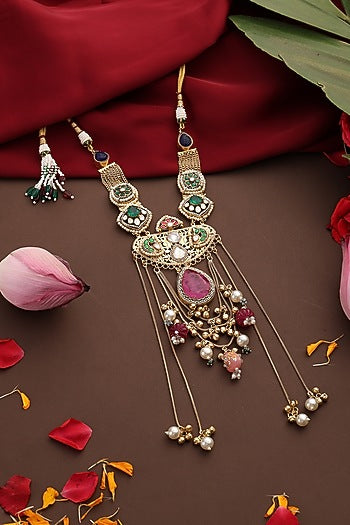 Gold Finish Kundan Polki & Rose Quartz Pendant Necklace