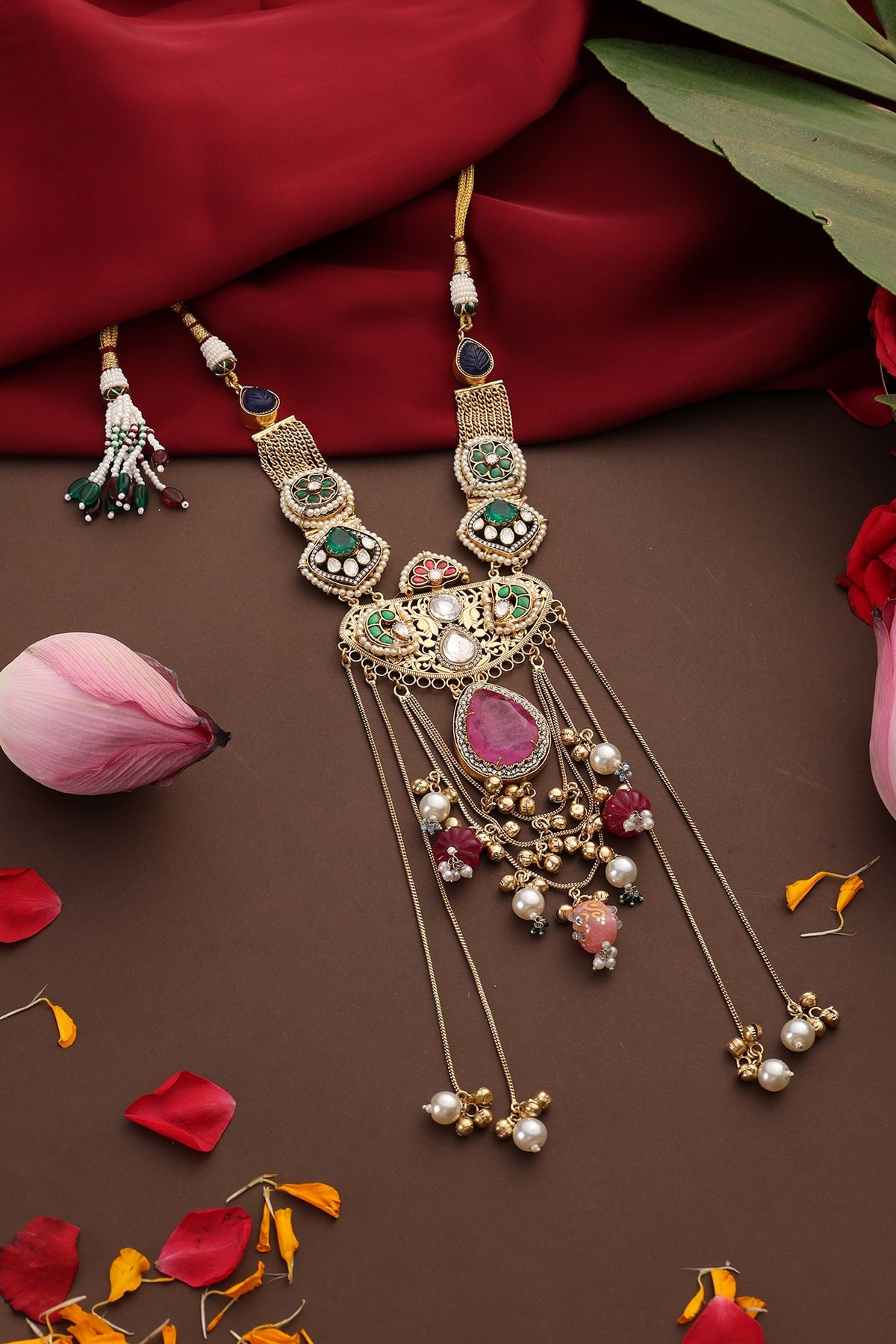Gold Finish Kundan Polki & Rose Quartz Pendant Necklace