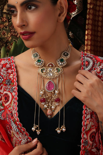 Gold Finish Kundan Polki & Rose Quartz Pendant Necklace