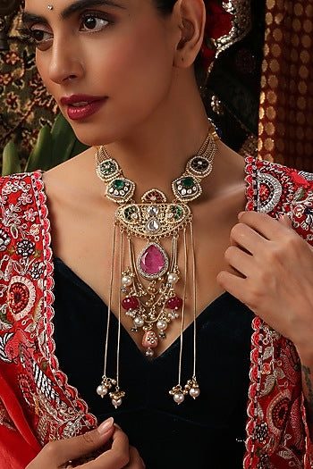 Gold Finish Kundan Polki & Rose Quartz Pendant Necklace