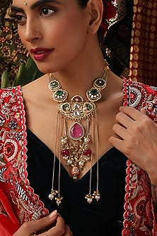 Gold Finish Kundan Polki & Rose Quartz Pendant Necklace