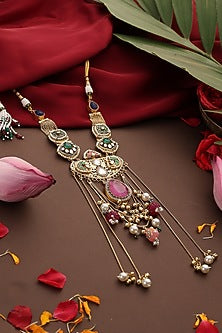 Gold Finish Kundan Polki & Rose Quartz Pendant Necklace