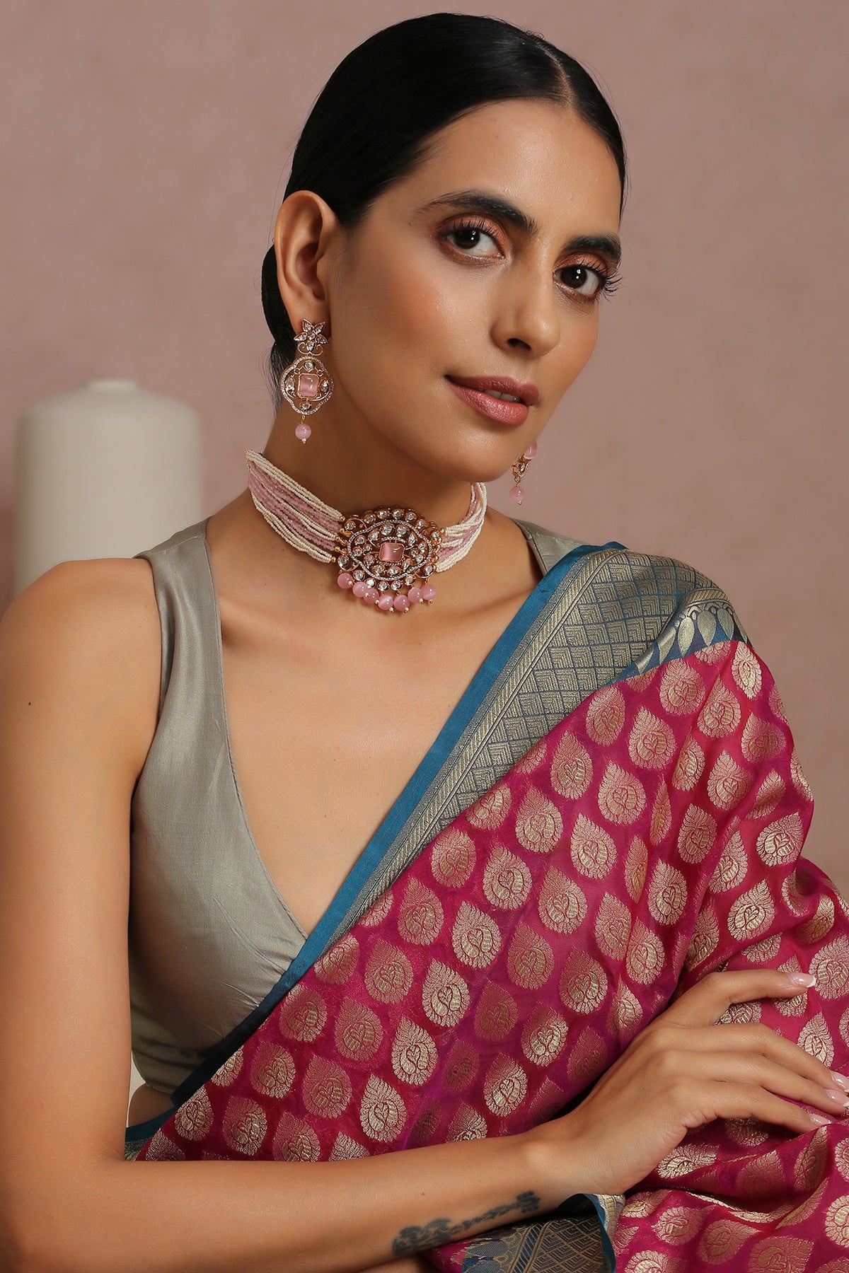 Gold Finish Kundan Polki Choker Necklace Set